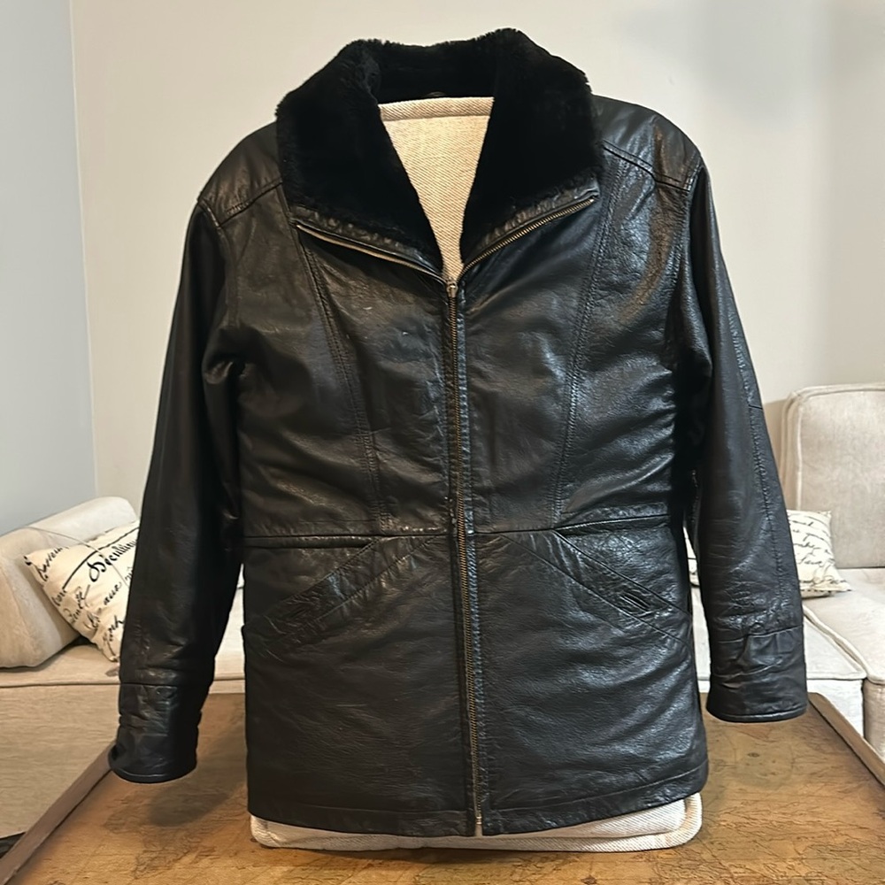 Vtg Donna Pelle genuine Leather Jacket Black Faux Fur Collar Full Zip Lined Sz S